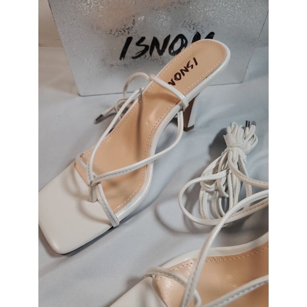 ISNOM White Women Heeled Sandals with Lace Up Strappy Ankle Size US 8 EU 38 - Picture 10 of 11